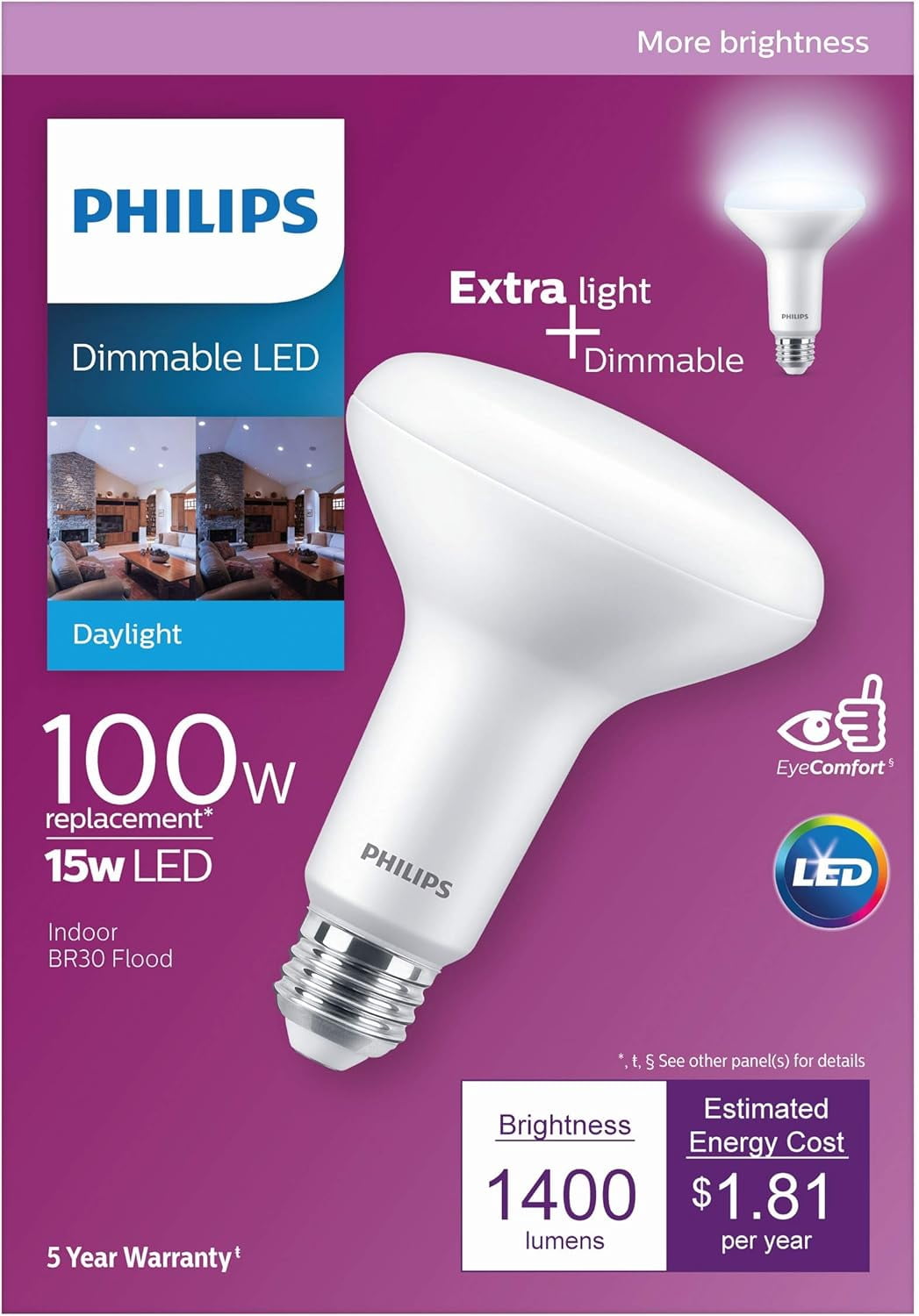 Philips LED Indoor Flood Light Bulb BR30 Dimmable, 1400 Lumens, 100W Equivalent, Daylight, 4-Pack