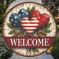 thumbnail image 3 of Patriotic Heart-Shaped Welcome Round Metal Sign, 8 x 8 Inch Hanging Door Decor with Flag and Rustic Wood Look, Outdoor Wall Art for Holiday Party Decoration, 3 of 6