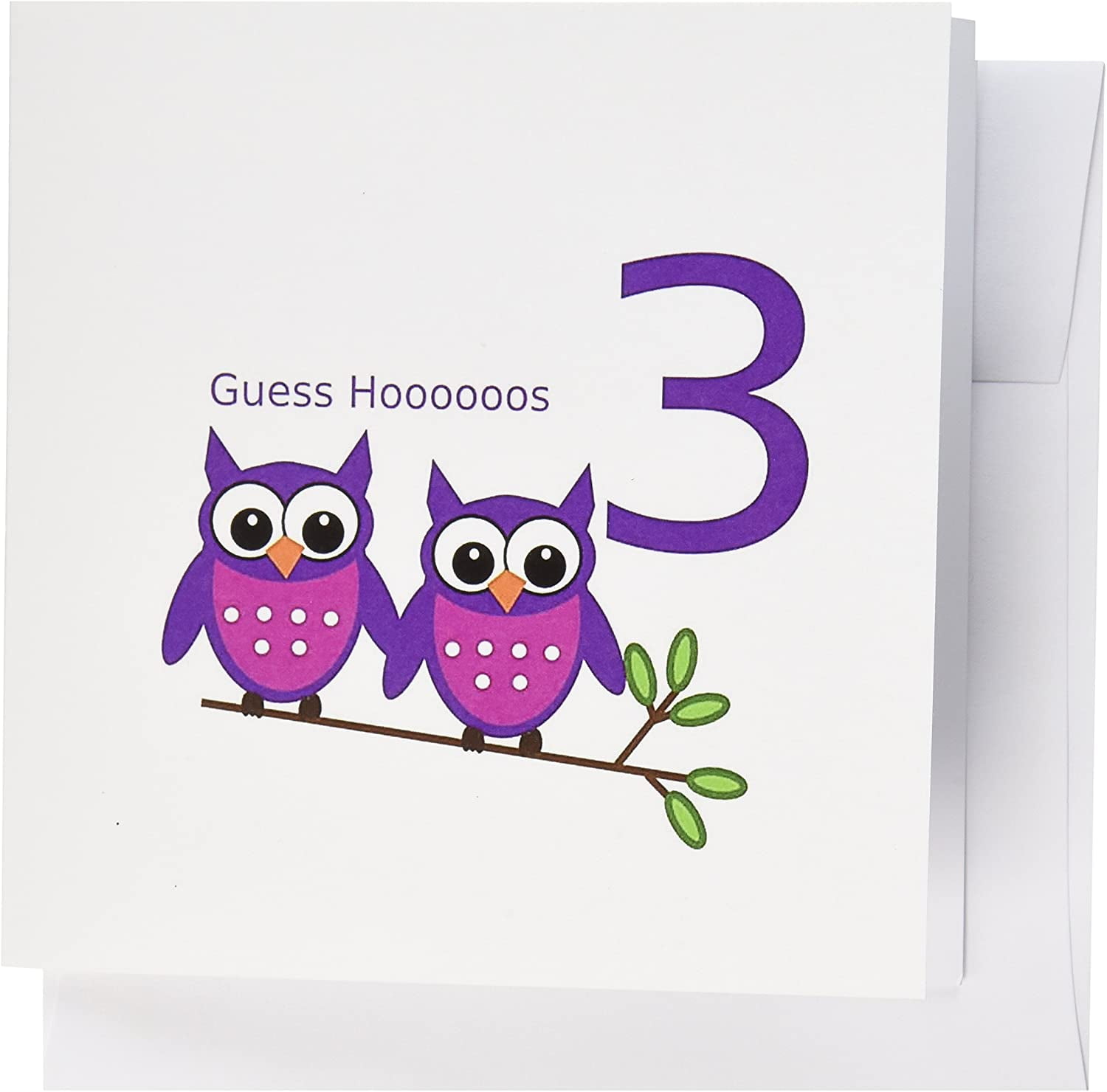3dRose 8 x 8 x 0.25 Inches Birthday Owl for a 3 Year Old Greeting Cards