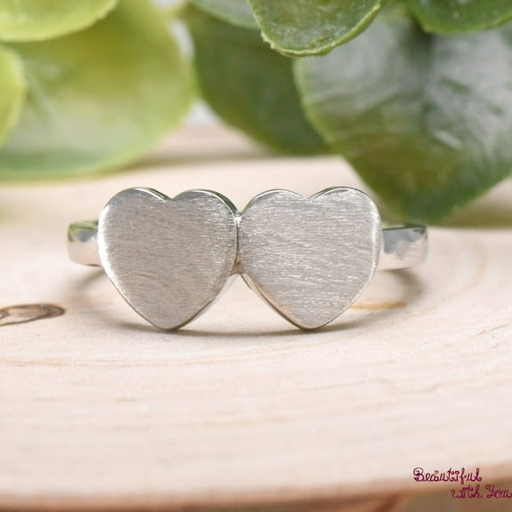 SS DESIGNS Double Hearts Dainty Love Ring, Sterling Silver Brushed Heart Ring Womens, Womens Promise Ring, Everyday Jewelry, Heart Promise Ring, Gift