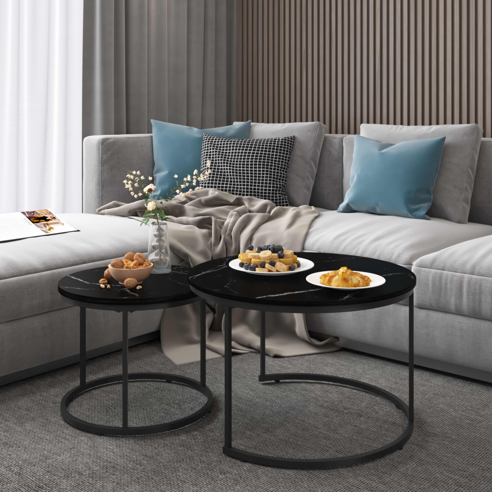 MAYEERTY 27.6" Nesting Coffee Table Set of 2, Round Wood Marble Top & Sturdy Metal Frame for Balcony Yard, Black
