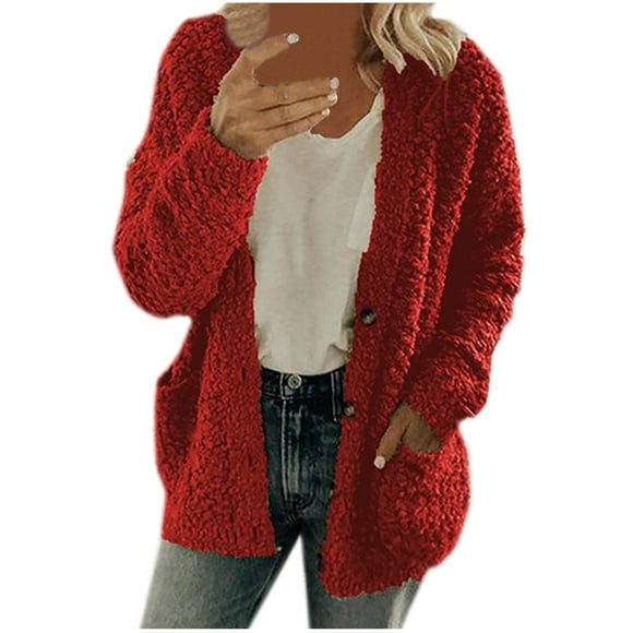 jovati Women Casual Plus Size Plush Sweater Pockets Outerwear Buttons Cardigan Coat