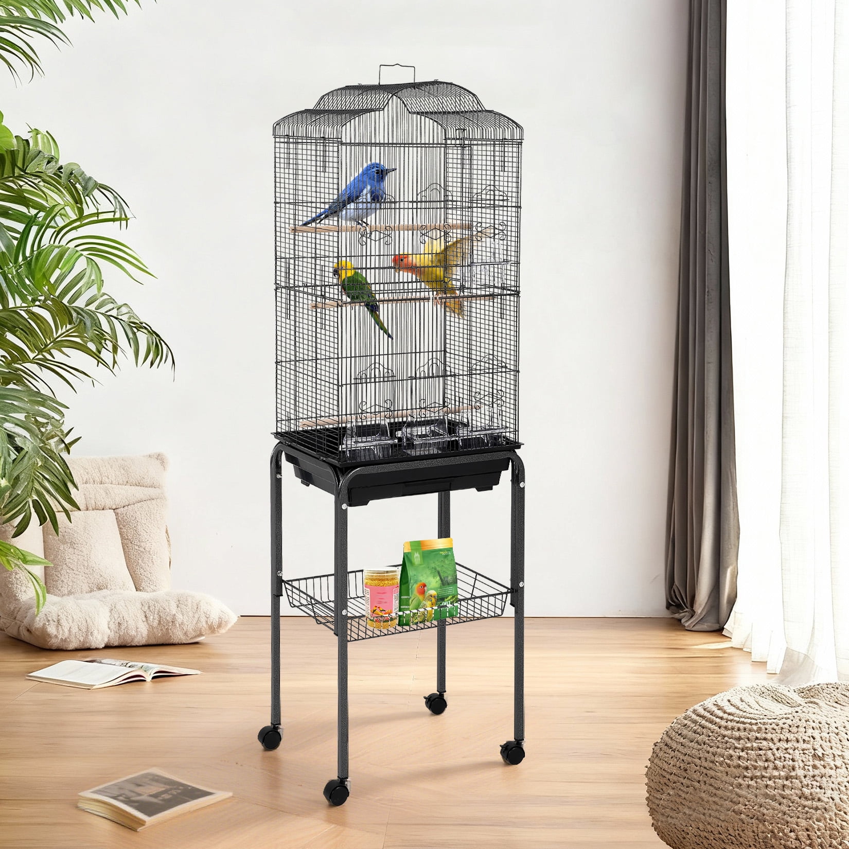 Multi-Level Metal Bird Cage with Storage Shelf & Rolling Stand – 4 Access Doors, Removable Tray, Perches, Food Bowls, Durable, Easy Clean, Detachable Stand – Model 6103H+B2