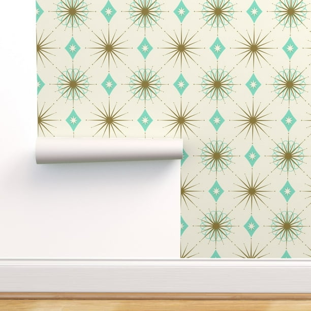 Commercial Grade Wallpaper Swatch Starburst Teal Blue Green On Beige