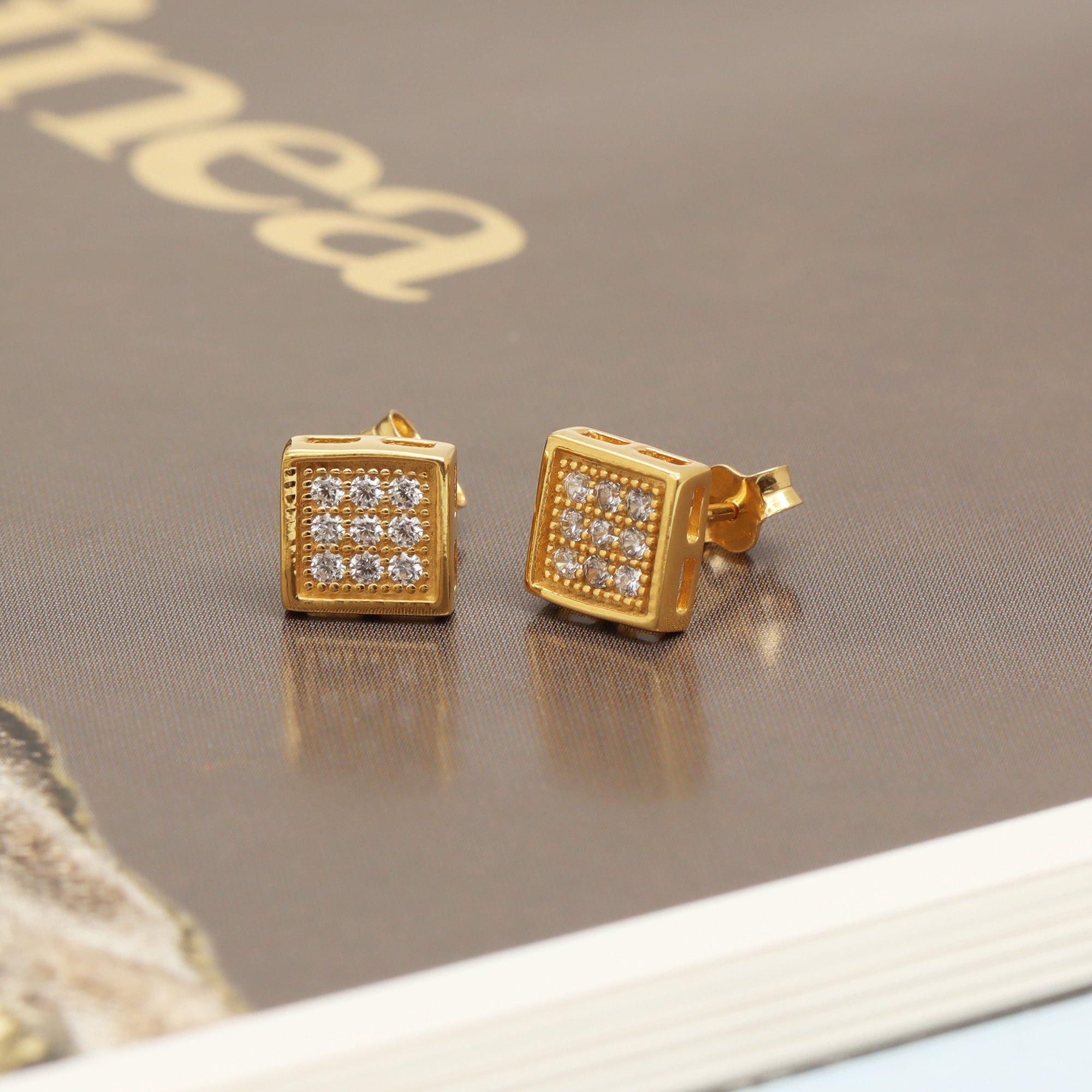 LeCalla 925 Sterling Silver 14K Gold-Plated Geometric Square Cubic-Zirconia Micro Pave SMALL Stud Earrings for Women and Teen 8MM