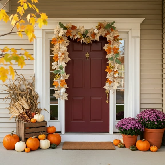 SHIMELE 69inch Artificial Maple Leaf Pumpkin Vine Decoration - Faux Fall Foliage, Thanksgiving & Halloween Decor for Home, Dining Table, and Mantels