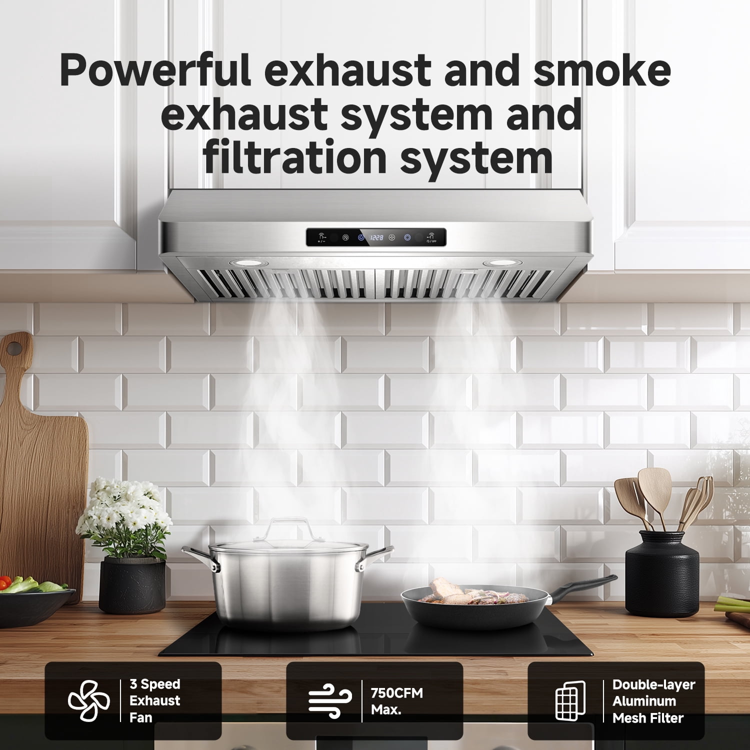 Aaobosi Under Cabinet Range Hood 30 Inch 750CFM Stainless Steel Kitchen Stove Vent Hood 3 Speed Exhaust Fan with Remote Control