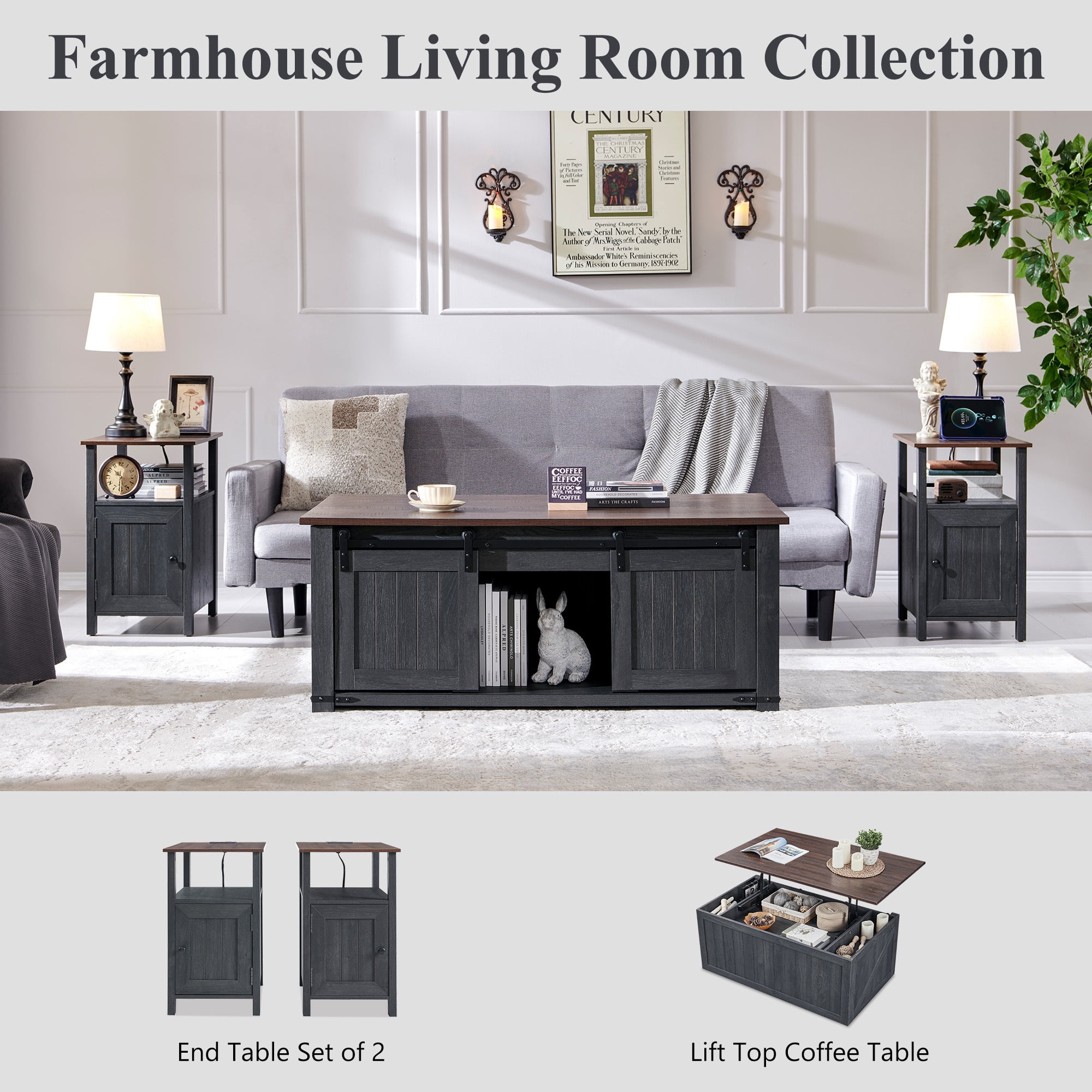 SinCiDo Farmhouse Coffee Table with Storage for Living Room, Lift Top Coffee Table w/Sliding Groove Barn Door