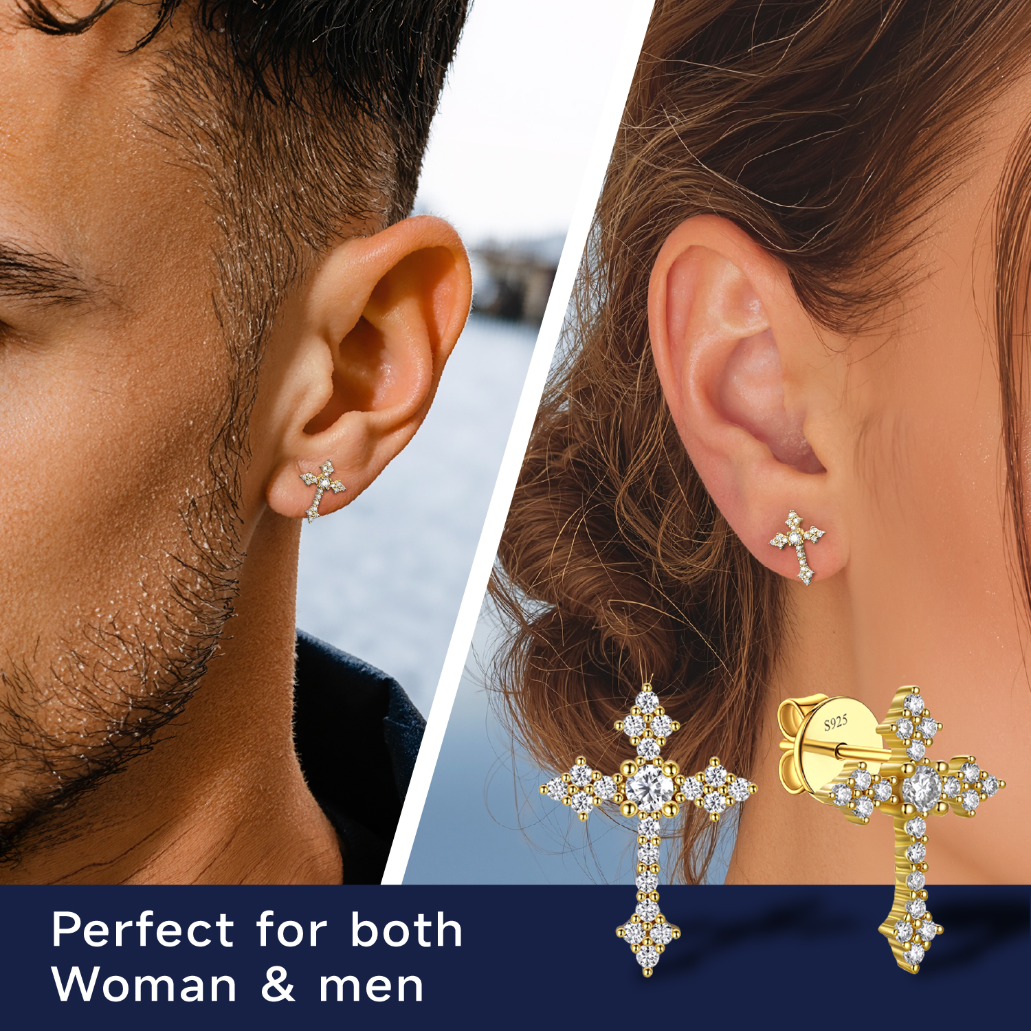 MomentWish Cross Earrings for Men Women 14K Gold Plated Moissanite Stud Earrings Easter Father's Day Jewelry Gift