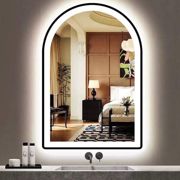 30x20 Inch Black Arch Vanity Mirror with Light Black Frame Arched LED Lighted Mirror for Bathroom Wall AntiFog Memory Dimmable 3 Color Frontlight 30in Black Frame Arch Smart Light up Mirrors