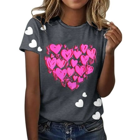 PMUYBHF Débardeur Graphique Sans Manches pour Femmes Mode Saint-Valentin Imprimé Amour Col Rond Manches Courtes T-Shirt Décontracté (5)
