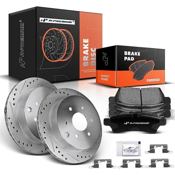 A-Premium 11.24 inch (285.5mm) Rear Drilled and Slotted Disc Brake Rotors   Ceramic Pads Kit Compatible with Select Nissan and Suzuki Models - Frontier 2005-2019, Xterra 2005-2015, Equator 2009-2012