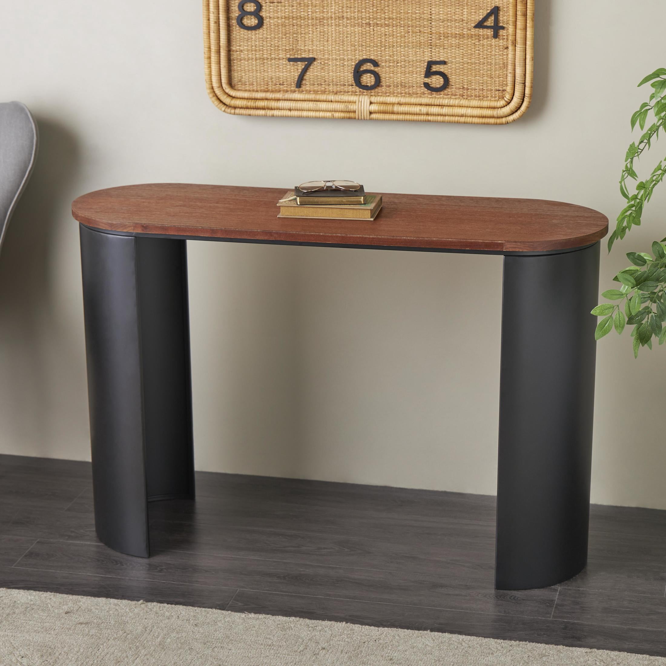 DecMode 47" x 31" Black Wood Curved Crescent Console Table with Brown Wood Oval Tabletop, 1-Piece