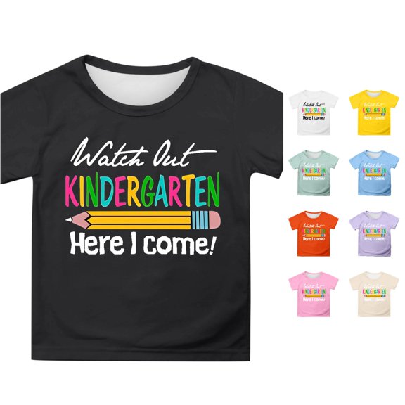 Rggeeun Baby Girls Blouse Cute Colorful Text Print Pencil Pattern Kindergarten Themed Short Sleeve Crew Neck Soft Plus Size Loose Fit for Summer Gym Lovely Tops,Black,6-7 Years