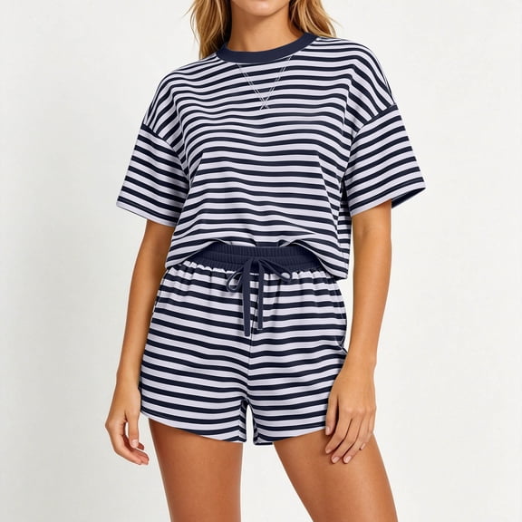 Neewe Lounge Sets for Women Round Neck Striped Short Sleeves Tops and Elastic Drawstring Shorts 2 Piece Sets Oversized Daily Outfits 2026