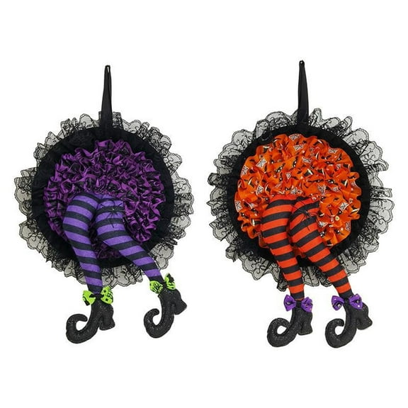 Witch Leg Pendant Halloween Garland, Artificial Halloween Wreath with Polyester Fabric, Plush Doll Home Decoration, Upgraded Version Witch Legs Wreath for Front Door Decoration