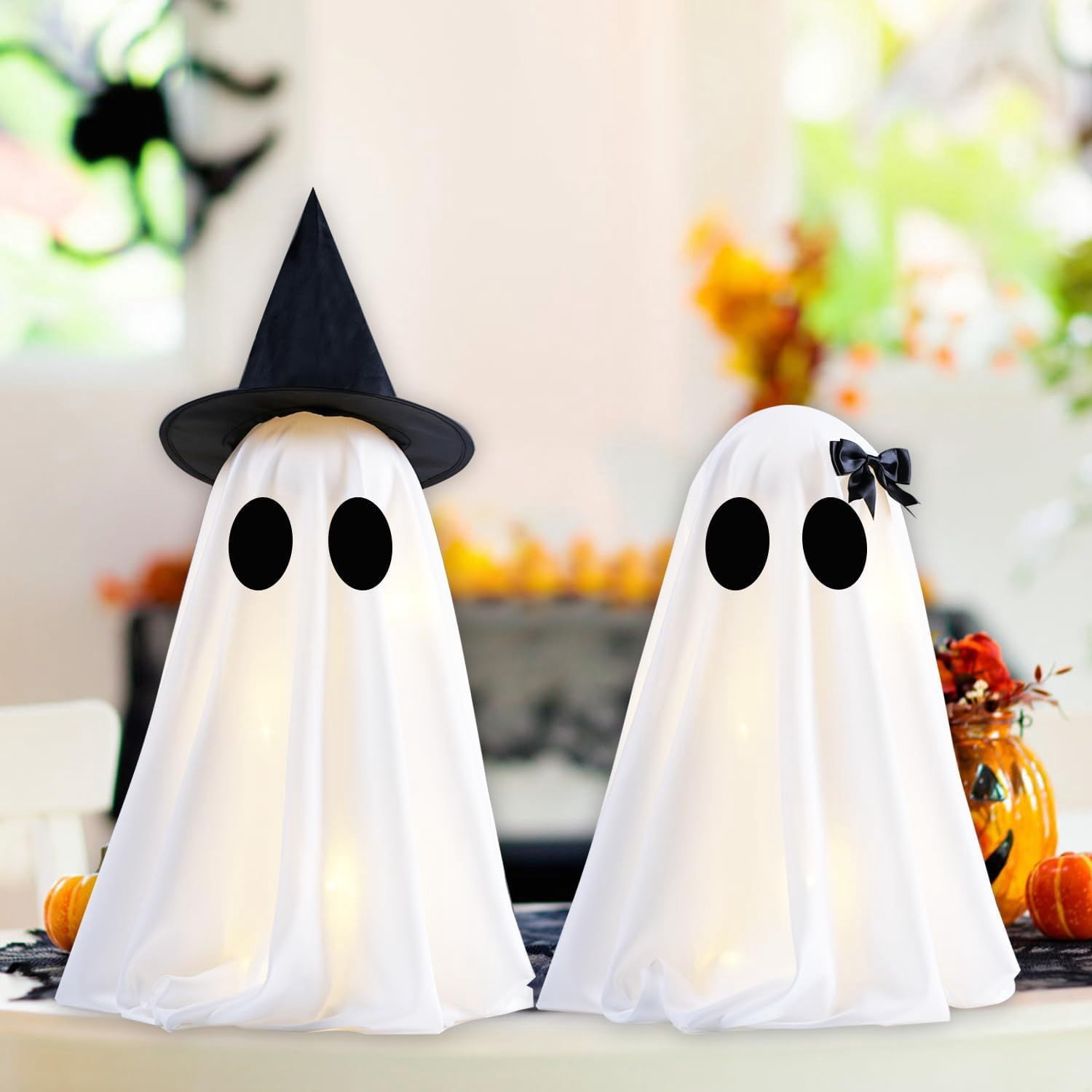 2 Pack Light Up Ghost Decorations with Timer Male Female for Halloween