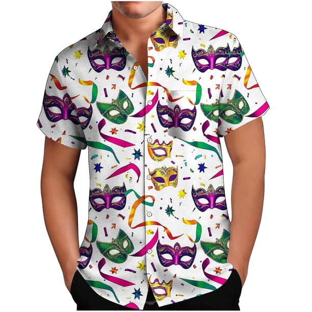 Mens Casual Botón Arriba Camisas Manga Corta Estampado de Carnaval Cuello Cubano Línea Mirar Verano