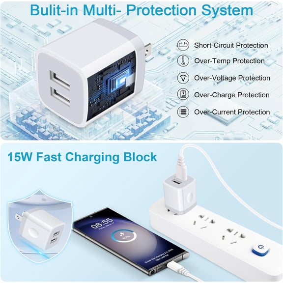 MHAWBL-USB Wall Charger,Charging Block,5Pack 2.1A Quick Dual Port Plug Charger Box Cubes for iPhone 17 16 15 14 13 12 11 Pro Max XR 8 7 6 Plus,Samsung Galaxy S24 S23 S23+ S22 S21 Ultra S10 S20 Plus A