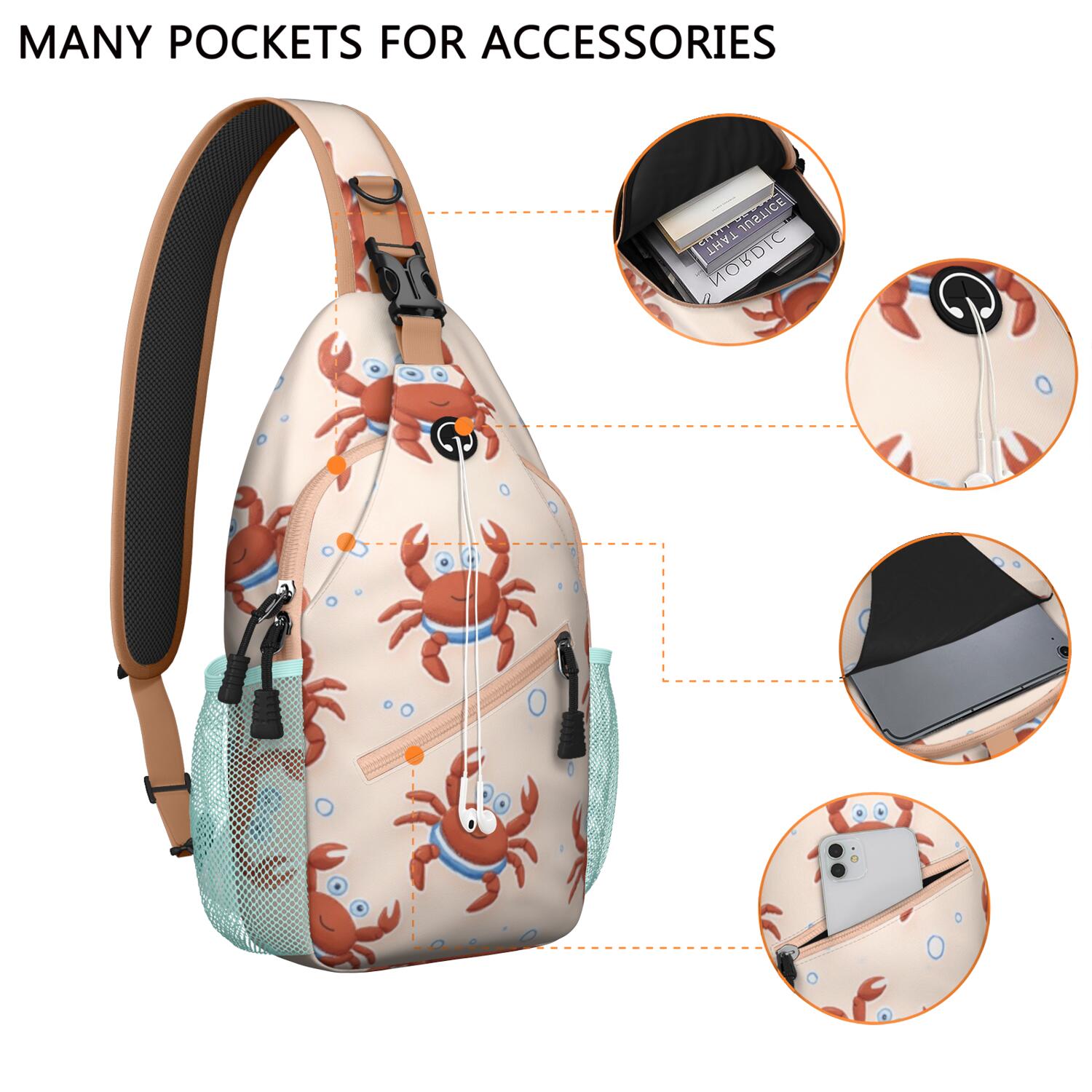 Marine Adorable Crab Sling Bag for Women Men Shoulder Backpack Chest Bag AntiTheft Sling Shoulder Bag