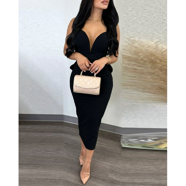 Vestido de fiesta Formal para mujer, traje elegante con tirantes gruesos, escote en V profundo, decoración de lazo, dobladillo con volantes, Espalda descubierta, Sexy
