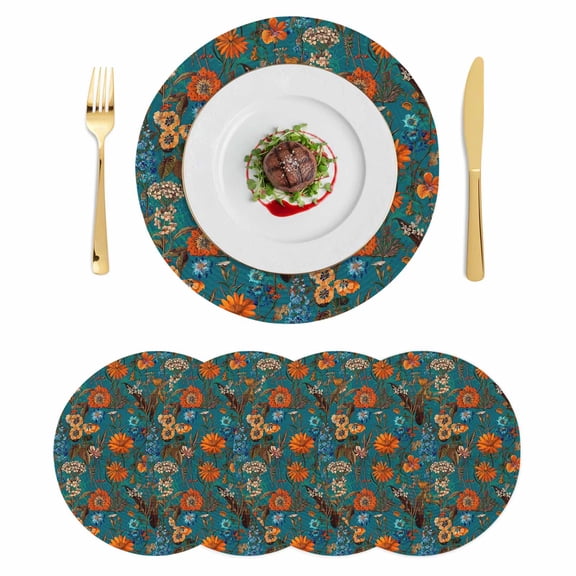 Orange Green Spring Floral Round 13 Inch Placemats Set of 4, Vintage Botanical Summer Flower HeatResistant Non Slip Place Mats for Dining Table, Wipeable Braided Kitchen Table Mats for Housewarming