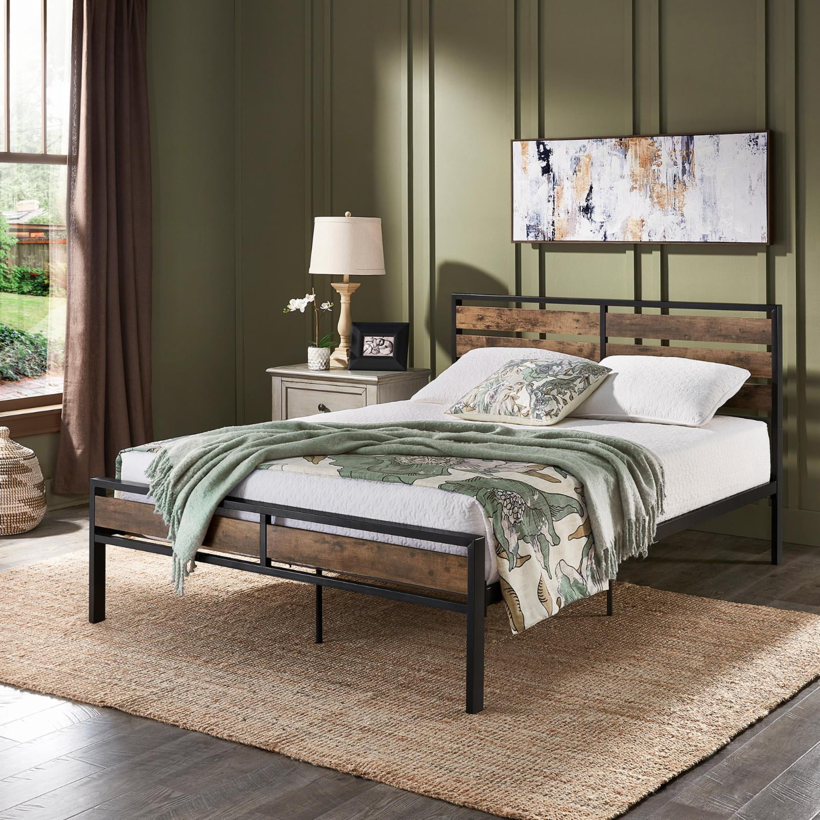 Weston Home Aabir Low Profile Metal and Wood Platform Queen Bed, Brown/Black