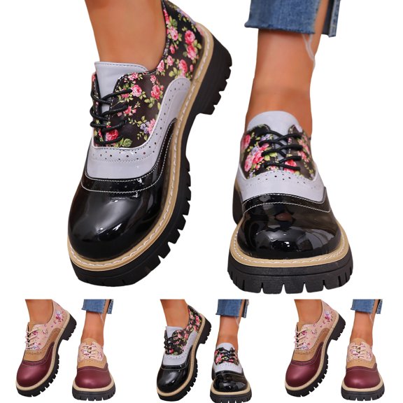 Modisza Women's Dressy Shoes Slip on Print Walking Loafer Low Heel Outdoor Leather Casual Shoe Ladies Lace Up Loafer for School Black Size 6