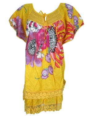 Women Summer Gypsy Dresses, Boho Yellow Floral Printed Loose Vintage Home BEACH Dresses M