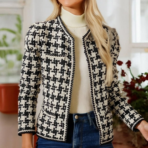 Gamivast Womens Tweed Blazer Plaid Lightweight Long Sleeve Open Front Work Office Short Jacket Fall Winter Trendy Crew Neck Suit Outerwear Elegant Business Coats