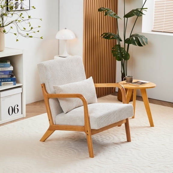 Mid-Century Modern Accent Chair, Beige Upholstered Armchair with Pillow, Solid Rubberwood Frame Reading Chair for Living Room, Bedroom, Balcony