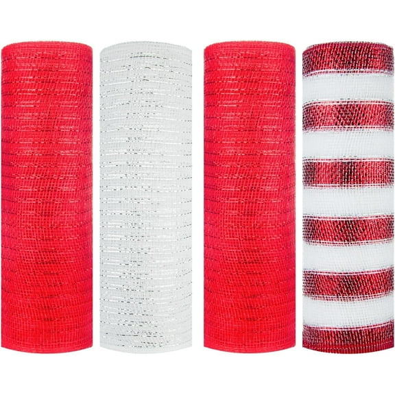 Mesh Ribbon- Deco Mesh Wreath Supplies- Metallic Foil Red and White Deco Mesh 10 Inch- Christmas Mesh for Wreath Making, Bows, DIY, Swags- 4 Pack