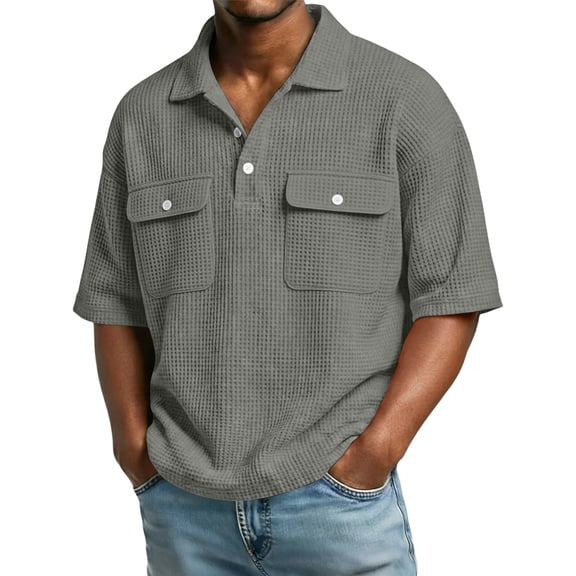 Mens Polo Shirts Short Sleeve Collared Henley Waffle Shirt Summer Lightweight Golf Shirts Beach T-Shirts Light Gray 3XL