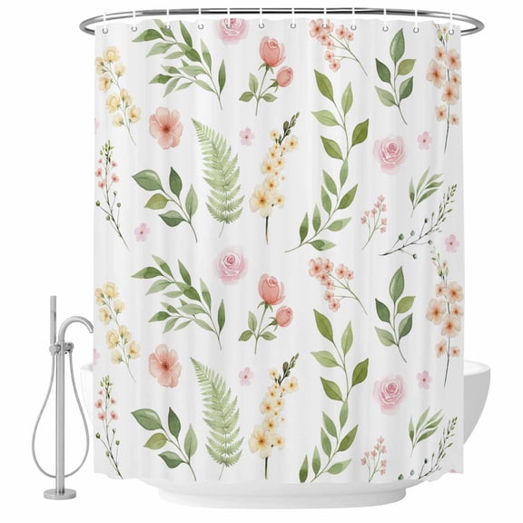 Pink Green Botanical Shower Curtain Set - Small 36" x 72" Washable Bathtub Curtain with 12 Hooks, Spring Watercolor Floral Leaf Plant Waterproof Fabric Stall Shower Curtains for Bathroom Décor