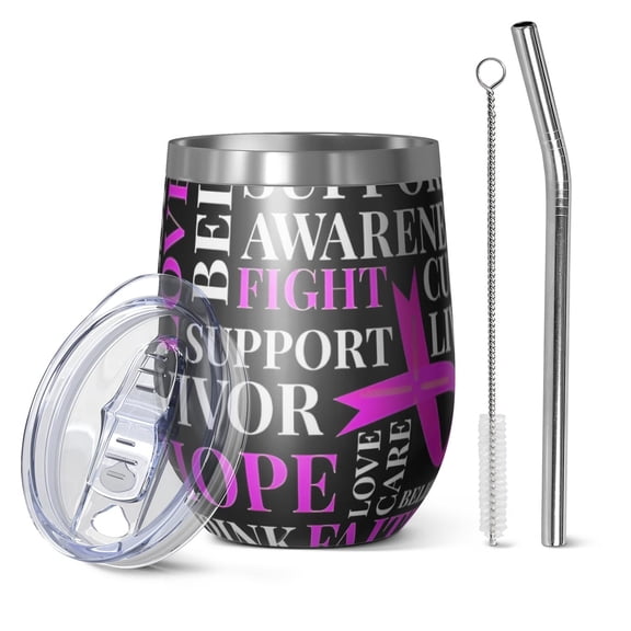 12oz Stemless Wine Tumblers Breast Cancer Vacuum Insulated Stainless Steel Travel Tumbler Cups Mug with Lid and Straw for Champaign,Cocktail,Beer with Cleaning Brush