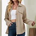 thumbnail image 2 of Women Shirt Jacket Turn Down Collar Single Breasted with Fake Pockets Oversized Jacket Shirt Khaki XXL, 2 of 8