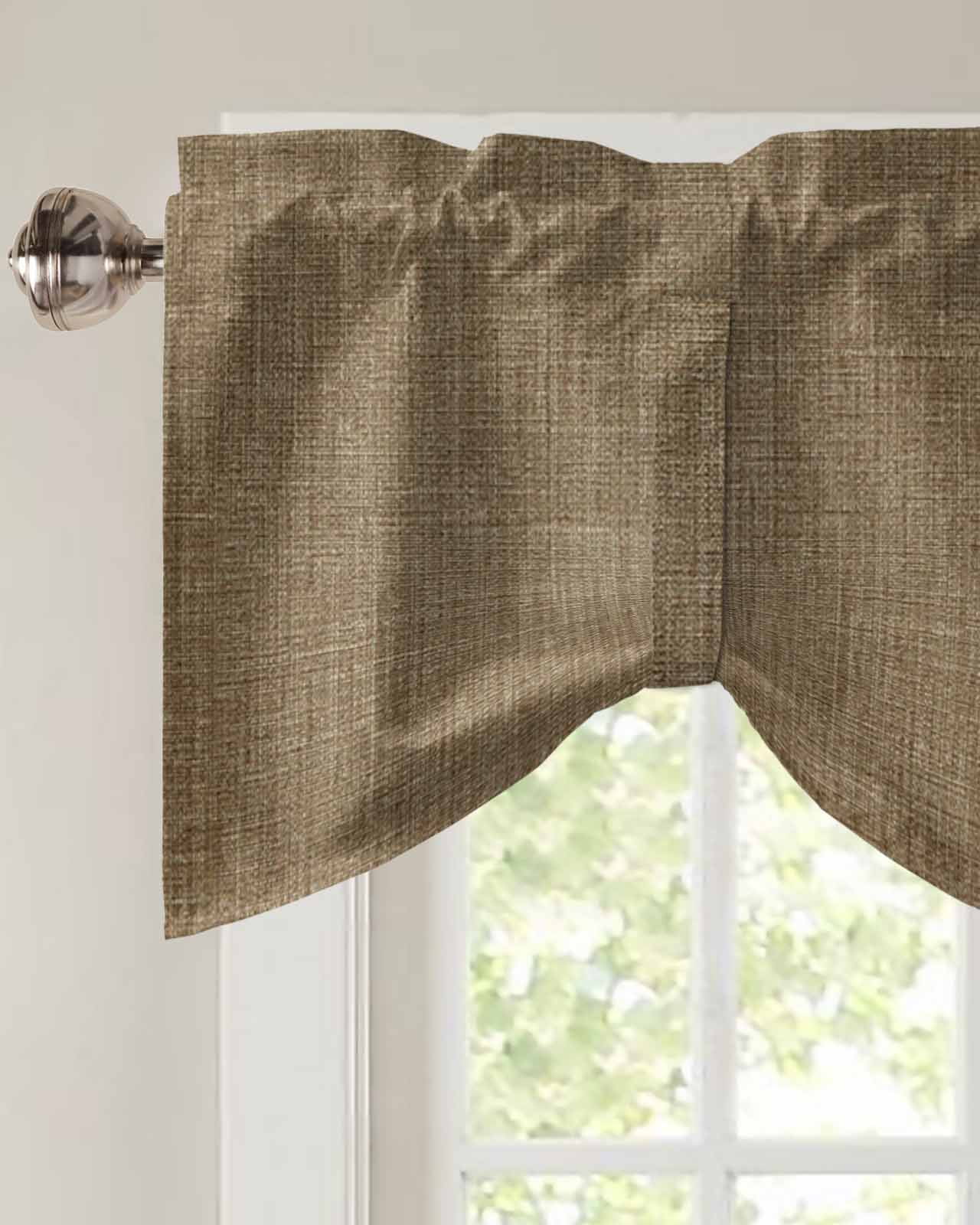 Tie Up Valance Curtain for Kitchen,Farmhouse Brown Rod Pocket Short Curtains Adjustable Tie-Up Shade Valances,Vintage Linen Window Treatment for Bathroom Living Room Bedroom