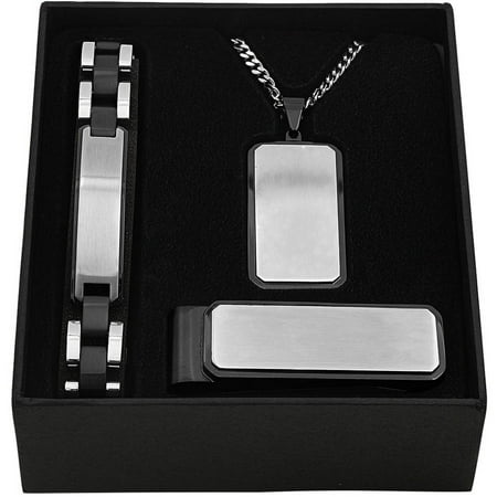 Men's Stainless Steel with Black IP Dog Tag, Money Clip and Bracelet Box Set