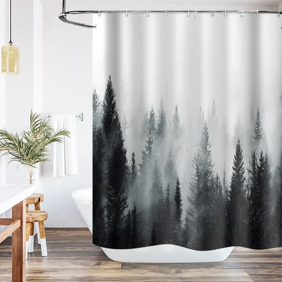 72x72 in Dark Green Misty Forest Pine Tree Woodland Shower Curtain