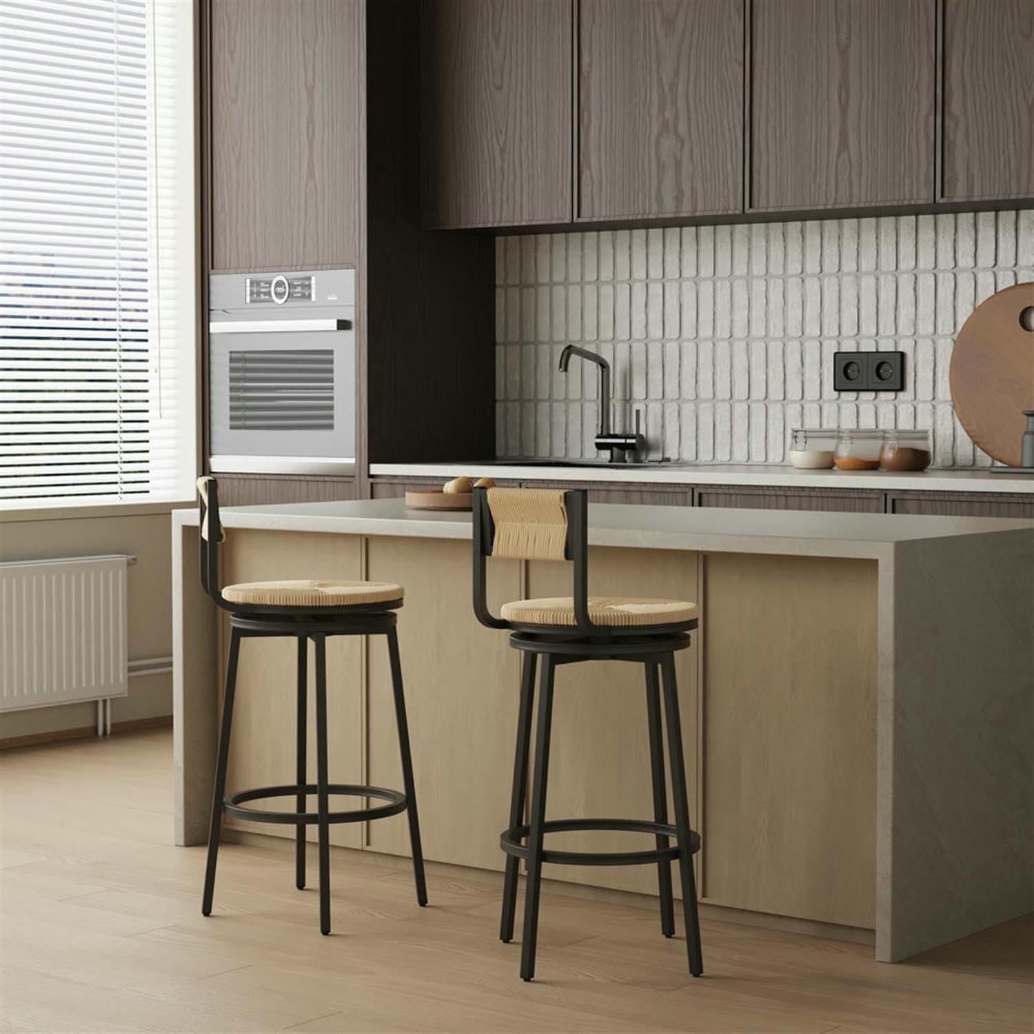 Demi Bonn 36" Counter Height Bar Stools Set of 2, Paper Rope Handwoven Swivel Barstools with Back, Kitchen Island Countertop Chairs for Dining Room, Yellow