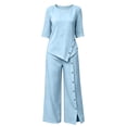 thumbnail image 5 of Puyaiuu Womens Solid Wrinkle Fabric 2 Piece Outfit Asymmetric Button Top High Slit Wide Leg Pants Summer Casual Vacation Set Blue XXXXL Gift, 5 of 7