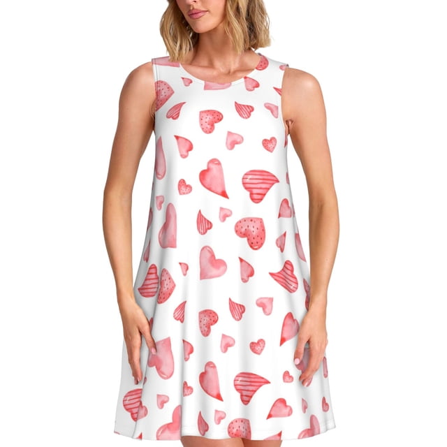 Vsdgher Robes d'Été Imprimé Cœurs pour Femmes Robe de Plage Décontractée Col en U Sans Manches Robe d'Été Ample avec Poche
