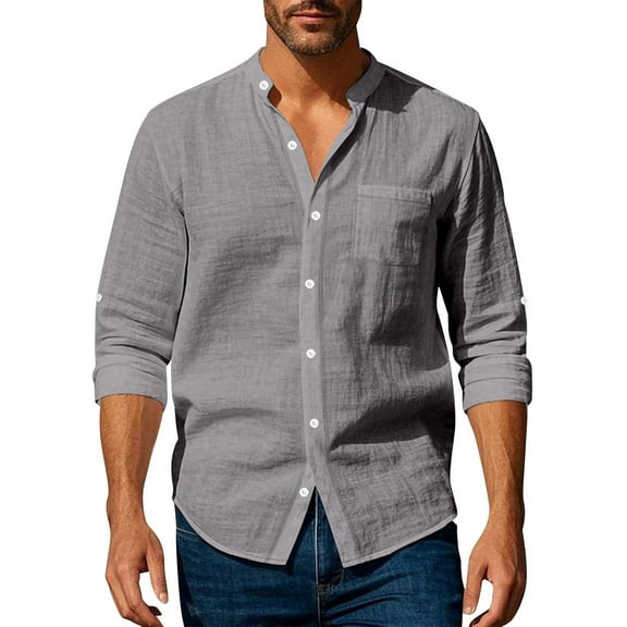 Men's Lightweight Beach Shirt Long Sleeve Collarless Button Up Top Cotton Linen Blend Casual Shirt for Summer Travel