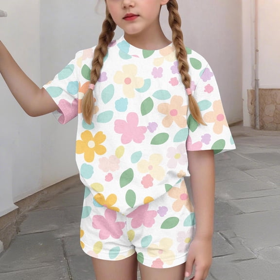 Cethrio Girls Summer Outfit Sets, Short Sleeve Fashion Casual 2 PC Kids' Clothing Sets Multicolor Size 10-12