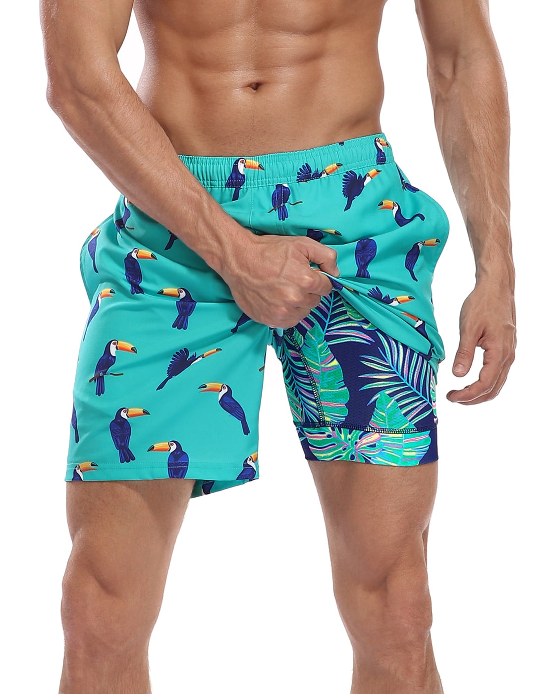 LRD Men's Swim Trunks with Compression Liner 7 Inch Inseam Toucan ...