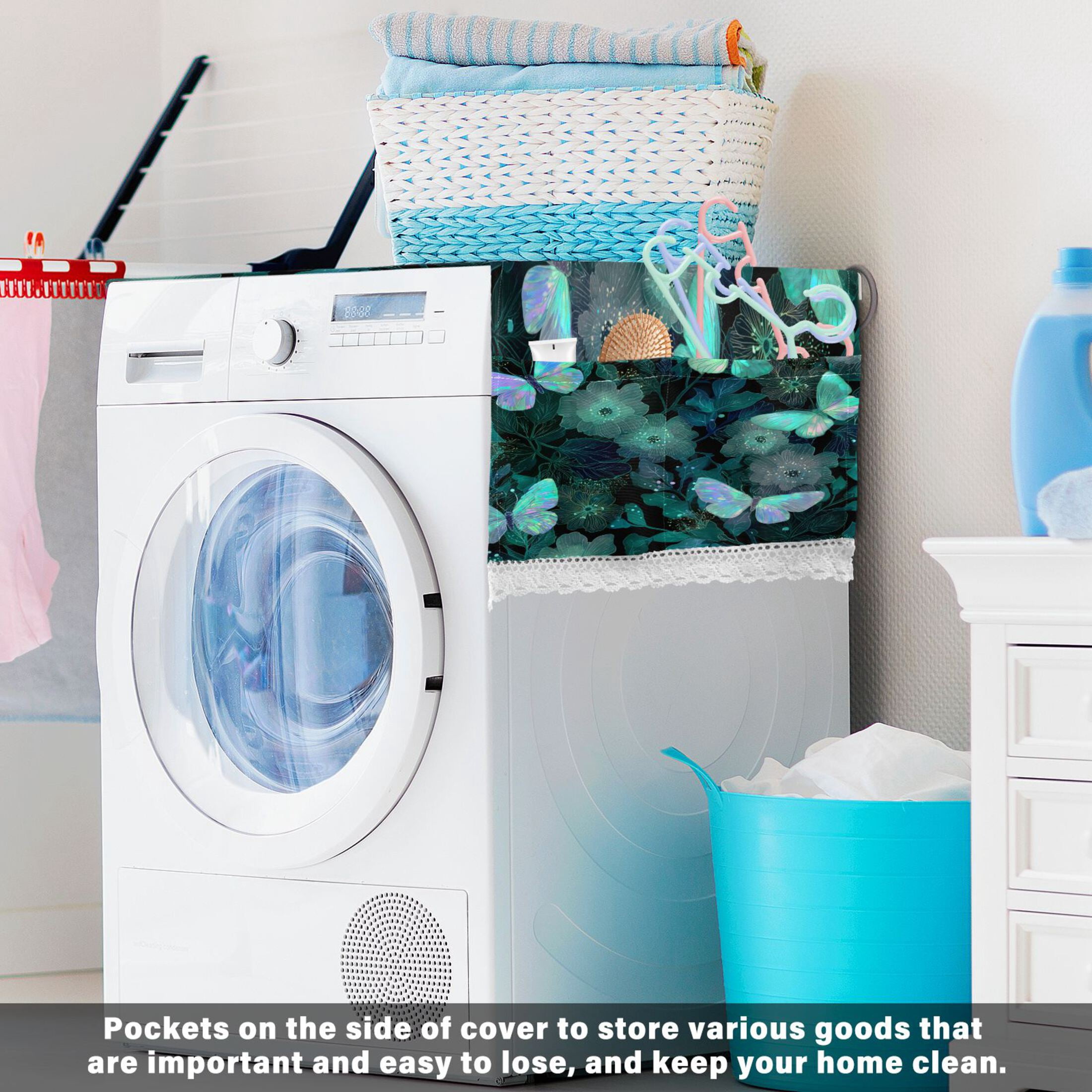 Wobogo Emerald Green Butterfly Washing Machine Cover Dustproof Washer Dryer Cover Waterproof Laundry Room Decorative Protector