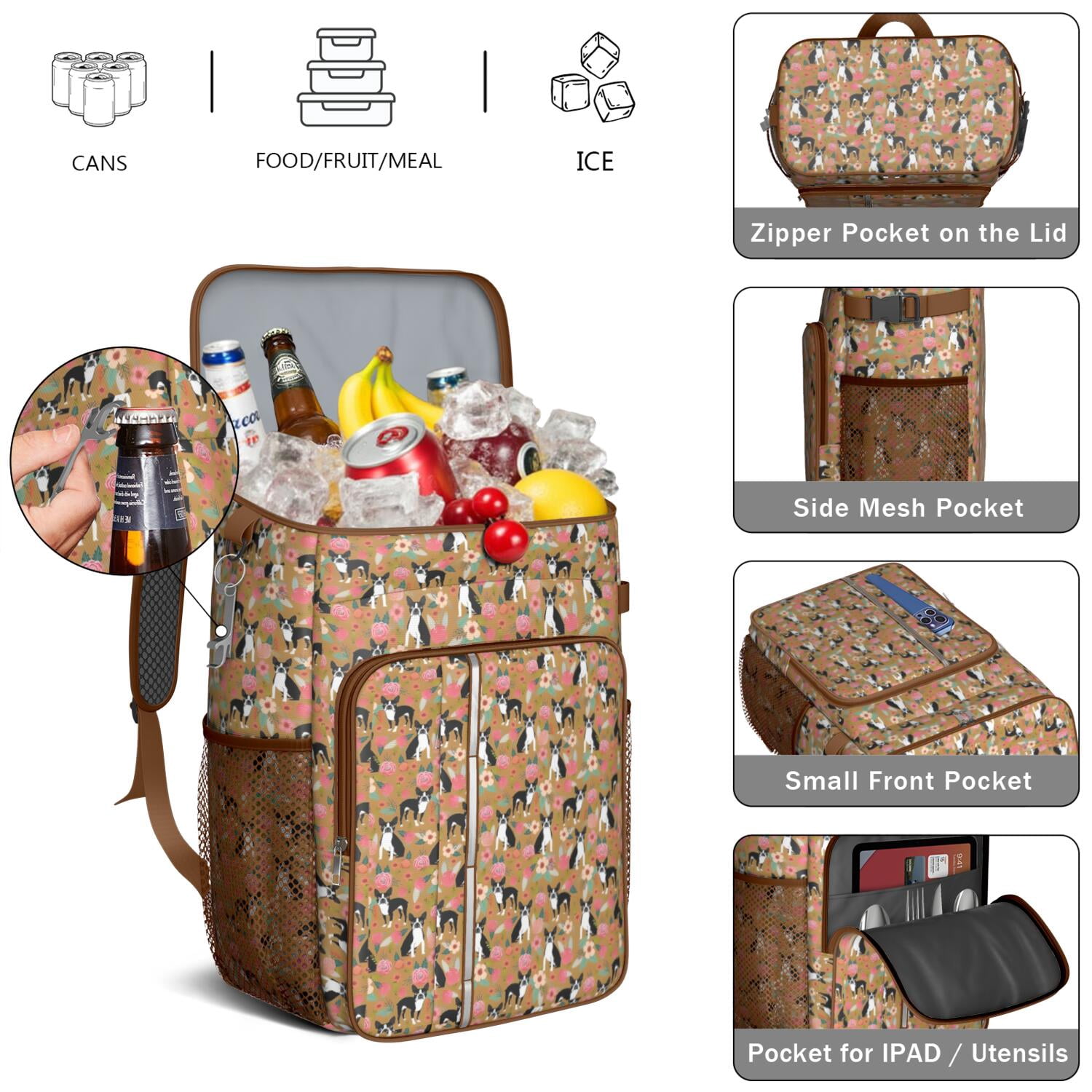 Travel Cooler Bag - Boston Terrier and Flower Camping Beer Cooler Backpack with Bottle Opener- Waterproof Insulated Picnic Backpacks - Cooler Bag for Beach