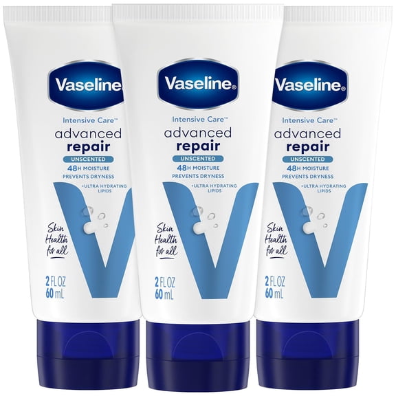 Vaseline Intensive Care Advanced Repair, Travel-Size 3-Pack – Fragrance-Free Body Lotion for Extremely Dry Skin, 2 Oz Ea