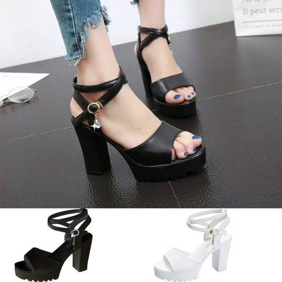 Jacenvly 2024 New One Strap Buckle Roman Thick Heel Sandals Women Diamond Fish Mouth Sandals Black Sandals for Women