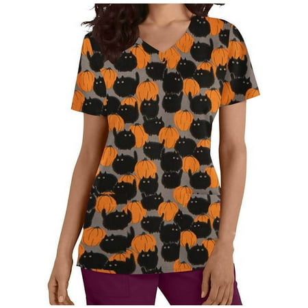

Womail Womens Scrub Tops Solid Color Overalls V-neck Workwear Printing Short Sleeve T Shirts
